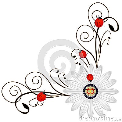 Corner with abstract daisy a red ladybugs on a on a white background. Vector Illustration