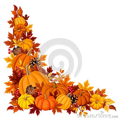 Corner background with pumpkins and autumn leaves. Vector illustration. Vector Illustration