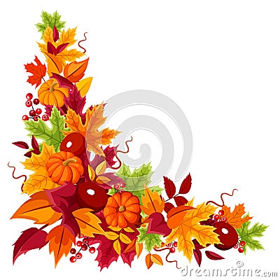 Corner background with pumpkins and colorful autumn leaves. Vector illustration. Vector Illustration