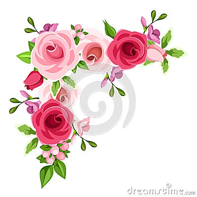 Corner background with red and pink roses. Vector illustration. Vector Illustration