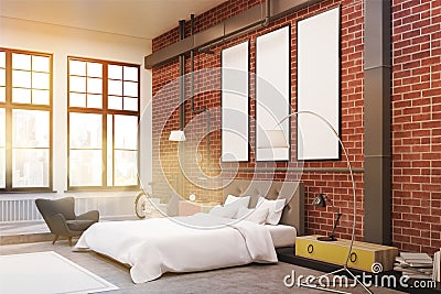 Corner of bedroom: brick walls and posters, toned Stock Photo