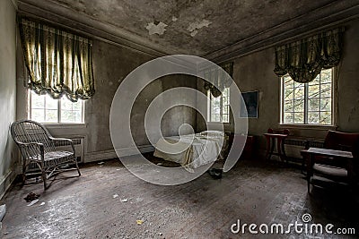 Corner Bedroom with Furniture - Abandoned Mansion Stock Photo