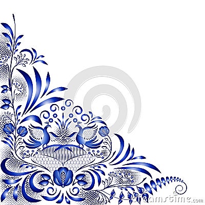 Corner blue pattern with birds and flowers Vector Illustration