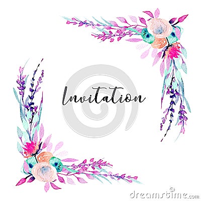 Corner border frame with simple watercolor pink wildflowers and lavender Stock Photo