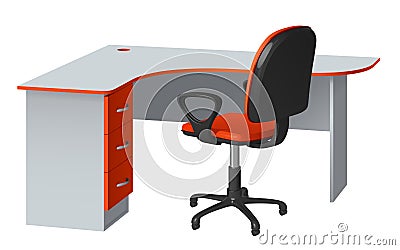 Corner computer desk with cable hole and office chair, orange and gray Stock Photo