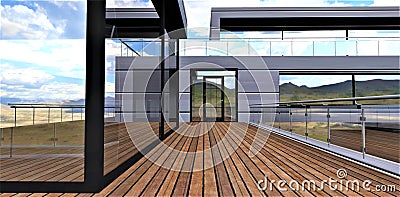 Corner energy-saving four-chamber window overlooking a terrace with a wooden covering. Glass hinged automatic entrance door to the Stock Photo