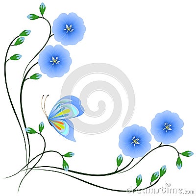 Corner with flowers of blue flax and butterfly. Vector Illustration