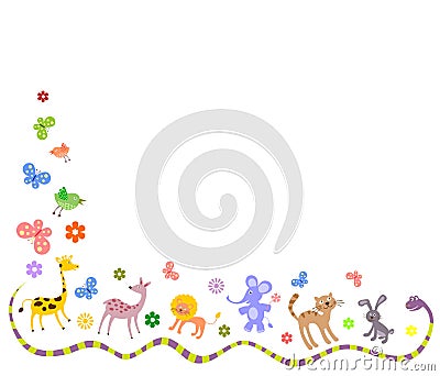 Corner frame with cute animals. Kids background Vector Illustration