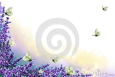 Corner frame of lavender twigs with flowers with multicolor fog and flock butterflies. Hand drawn watercolor. Copy space Cartoon Illustration