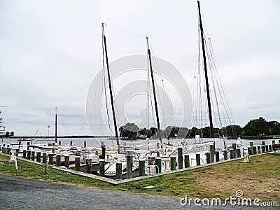 Corner of Marina With Boats Tied to Dock Stock Photo