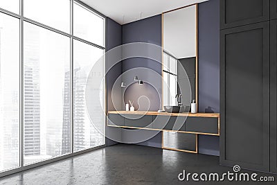 Corner of modern panoramic bathroom with gray tiled walls concrete floor double sink standing on wooden countertop with square Stock Photo