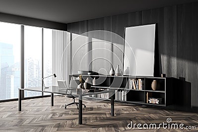 Corner of panoramic dark wood office with empty standing canvas Stock Photo