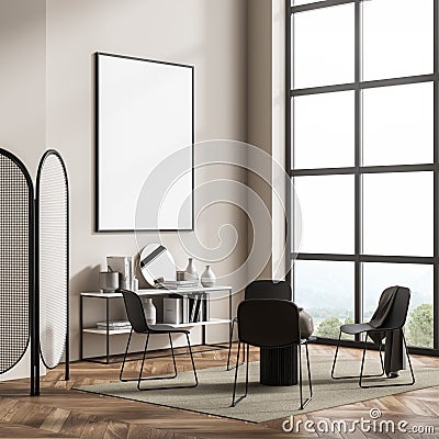 Corner of panoramic interior with poster, devider and chairs, beige Stock Photo