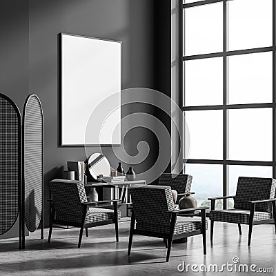 Corner of panoramic interior with poster, devider and chairs, dark grey Stock Photo