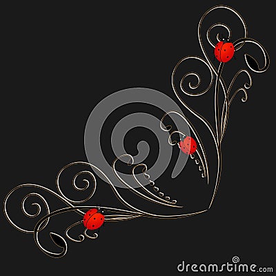 Corner with a red ladybugs on a black background. Vector Illustration