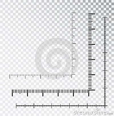 Corner ruler vector. Measuring scales. Mackup for rulers. Size indicators set isolated on background. Unit distances Vector Illustration