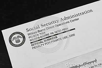 Corner of Social Security Administration statement envelope. Editorial Stock Photo