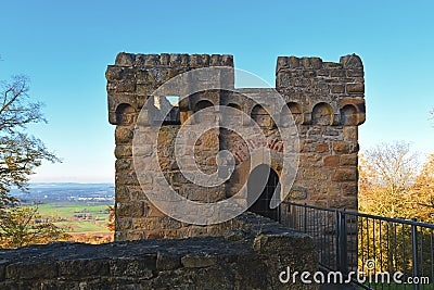 Corner tower of Medieval fortress called `Burg Steinsberg` in village of Weiler, a suburb of city Sinsheim Stock Photo