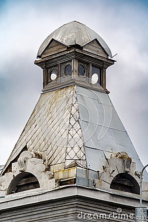 A corner turret on the roof of an old mansion. Architectural detail Stock Photo