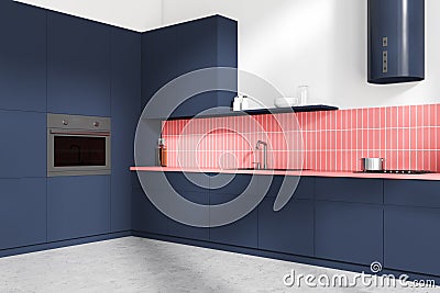 Corner view on bright kitchen room interior with blue cupboard Stock Photo