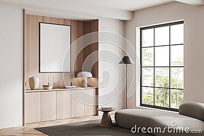 Corner view on bright living room interior with empty poster Stock Photo