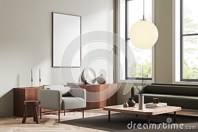 Corner view on bright living room interior with empty poster Stock Photo