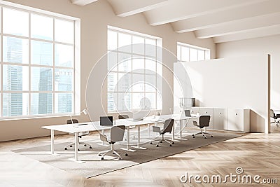 Corner view on bright office interior with empty wall Stock Photo