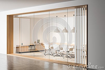 Corner view on bright office room interior with eight armchairs Stock Photo
