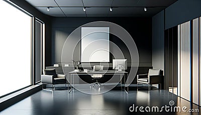 Corner view on dark office room interior with empty white poster, desk, armchairs, laptop, Minimalist design. Mock up. AI Generate Stock Photo