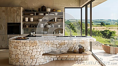 Corner view of home kitchen interior with stone bar island. Generative Ai Stock Photo