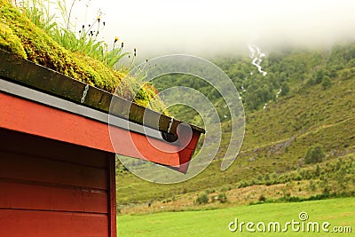 Corner of wooden roof of Norwegian house Stock Photo