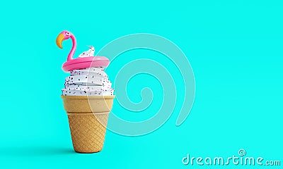 Cornet ice cream with pink flamingo on turquoise blue summer background Stock Photo