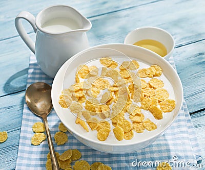 Cornflakes cereal and milk. Stock Photo