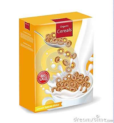 Cornflakes cereals with milk splash Vector realistic mock up. Product placement label design. 3d detailed illustrations Cartoon Illustration