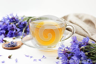 Cornflower herbal healthy tea on white background, natural remedy for pms, stress, anxiety, calming drink Stock Photo