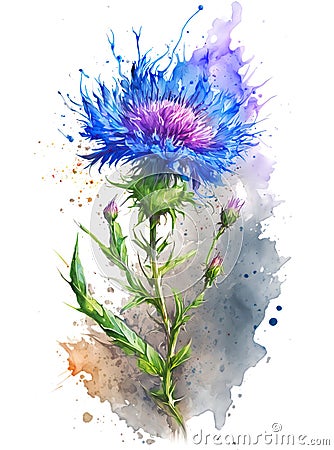 Cornflower over dramatic watercolor splash background. Generative AI illustration Cartoon Illustration