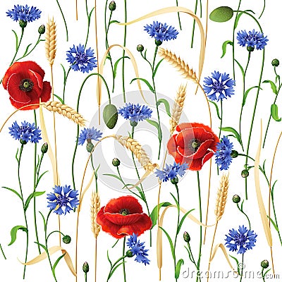 Cornflowers, Poppies and Wheat Ears Pattern Vector Illustration