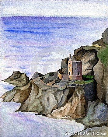 Cornish old traditional tin mine, England. Watercolor hand drawn landscape. Stock Photo