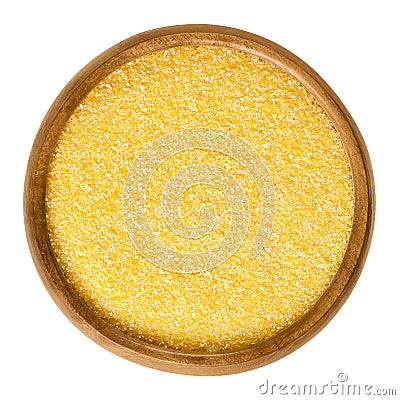 Cornmeal medium in wooden bowl over white Stock Photo