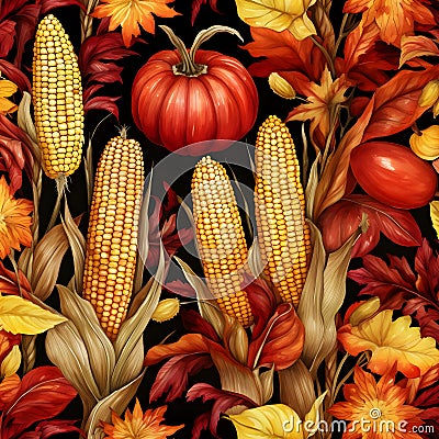 Corns, cobs, leaves, pumpkins, as abstract background, wallpaper, banner, texture design with pattern - vector. Dark colors Vector Illustration