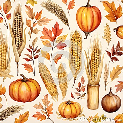 Corns, cobs, leaves, pumpkins, as abstract background, wallpaper, banner, texture design with pattern - vector. White colors Vector Illustration