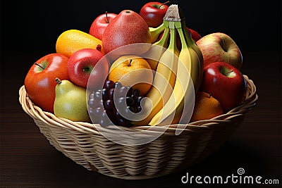 A cornucopia of flavors, as banana, peach, apple, and orange meet in a fruit basket Stock Photo