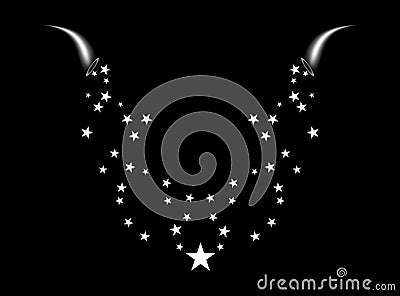 A cornucopia shoots a white star. Fireworks star random source of flow. Shooting star. Stars on a black background Vector Illustration