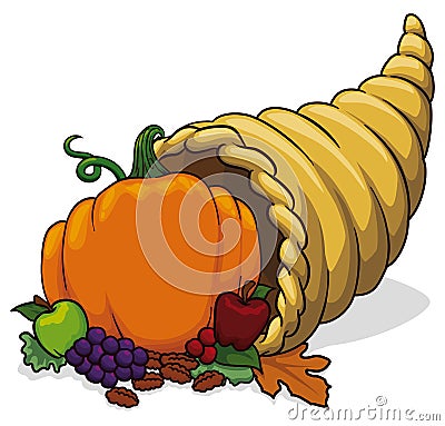 Cornucopia Stuffed with Harvest Fruits and Vegetables, Vector Illustration Vector Illustration