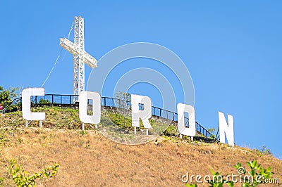 Coron sign with huge white letters on top of mount Tapyas Stock Photo