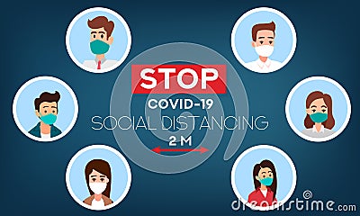 Social distancing. Stop coronavirus.COVID-19. People wearing mask. People in medical protective mask. Web banner. Social media res Vector Illustration