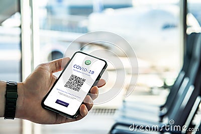 Corona certificate pass about covid vaccine at airport. Digital covid19 passport document in phone. Plane in window. Stock Photo