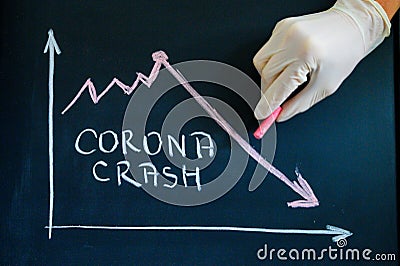 CORONA CRASH, white text written by chalk on black school board, graph shows decrease of economy, collapse of financial market. Stock Photo