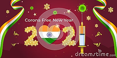 Corona Free Happy New Year 2021. Concept of Covid-19 vaccine in new year. Happy new year India after epidemic. Cartoon Illustration