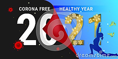 Corona Free Healthy New Year 2021. Concept of yoga and fitness exercises to prevent from covid-19. Stock Photo